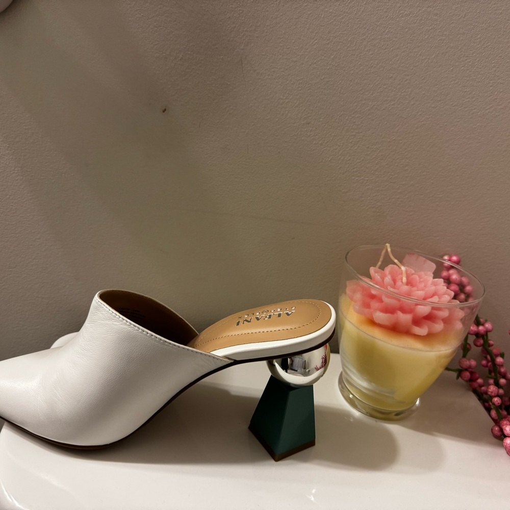 Alfani White and Silver Mules with Geometric Heel